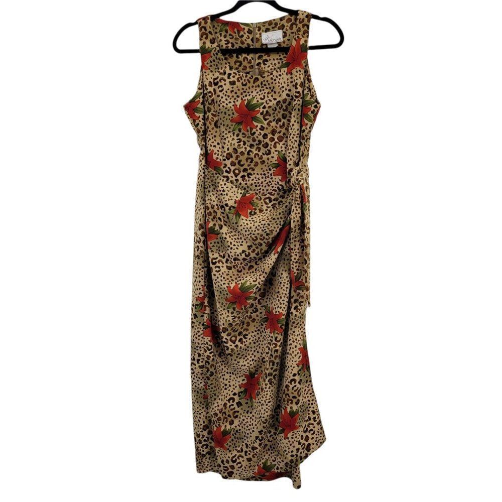 Vintage Tan Leopard Red Lily Print Sleeveless Mock Side Tie Hostess Dress Sz M - Picture 3 of 14